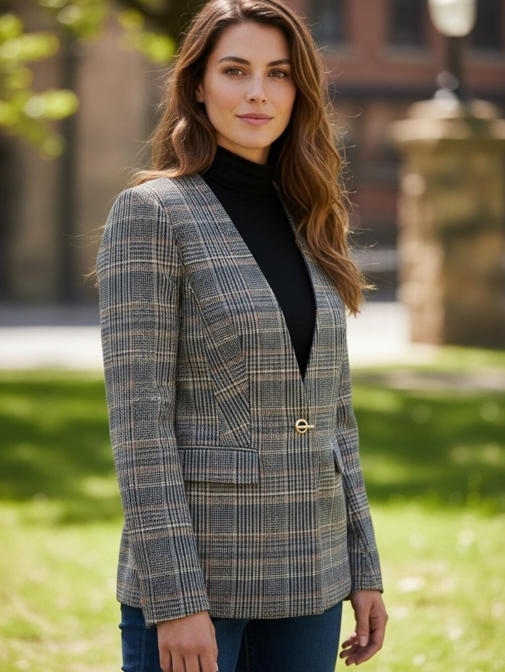 Calvin Klein Grey Blue Houndstooth Plaid Collarless Blazer with Gold-Tone Toggle